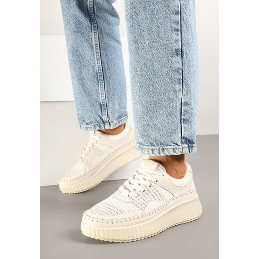 Beżowe Sneakersy z Ozdobnymi Przeszyciami i Skórzaną Wkładką na Platformie Caliora ze sklepu born2be.pl w kategorii Buty sportowe damskie - zdjęcie 178412077