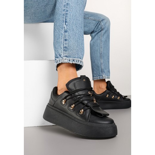 Czarne Sneakersy na Platformie z Ozdobnym Szerokim Językiem Zarinea ze sklepu born2be.pl w kategorii Buty sportowe damskie - zdjęcie 178412509