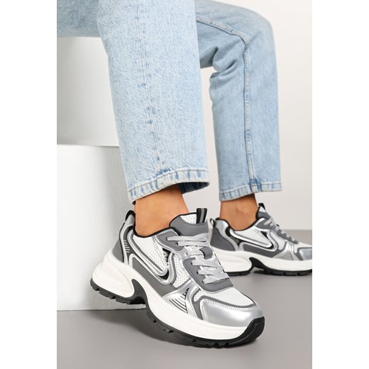 Biało-Srebrne Sneakersy na Grubej Podeszwie z Siateczką Olirase ze sklepu born2be.pl w kategorii Buty sportowe damskie - zdjęcie 178413985