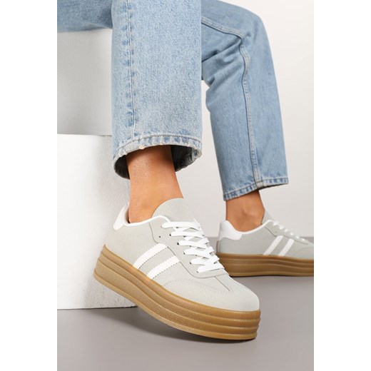 Beżowo-Szare Sneakersy Tenisówki z Ozdobnymi Paskami Mirnelis ze sklepu born2be.pl w kategorii Buty sportowe damskie - zdjęcie 178414947