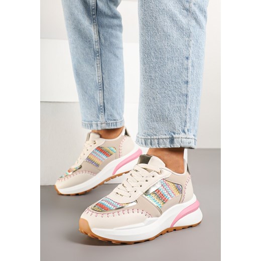 Beżowo-Różowe Sneakersy na Grubej Podeszwie Zdobione Plecionką Ninidala ze sklepu born2be.pl w kategorii Buty sportowe damskie - zdjęcie 178415025