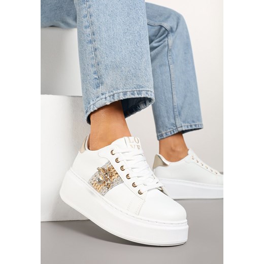 Biało-Złote Sneakersy na Platformie ze Złotym Owadem Glinntia ze sklepu born2be.pl w kategorii Buty sportowe damskie - zdjęcie 178415049