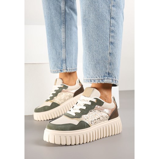 Beżowo-Zielone Sneakersy na Tłoczonej Podeszwie ze Zdobieniami w Panterkę Gerraza ze sklepu born2be.pl w kategorii Buty sportowe damskie - zdjęcie 178415157