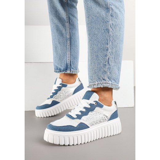 Niebiesko-Białe Sneakersy na Tłoczonej Podeszwie ze Zdobieniami w Panterkę Gerraza ze sklepu born2be.pl w kategorii Buty sportowe damskie - zdjęcie 178415169
