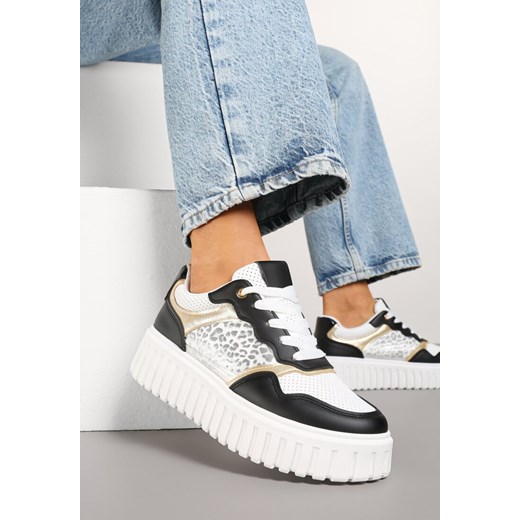 Czarno-Białe Sneakersy na Tłoczonej Podeszwie ze Zdobieniami w Panterkę Gerraza ze sklepu born2be.pl w kategorii Buty sportowe damskie - zdjęcie 178415175