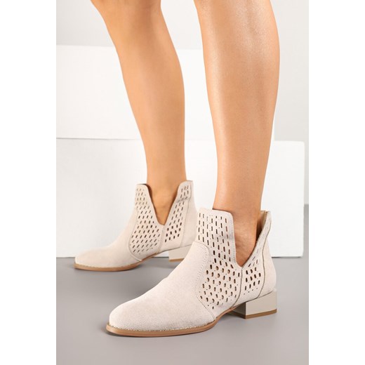 Beżowe Botki Ażurowe z Wkładką ze Skóry Efandoria ze sklepu born2be.pl w kategorii Botki - zdjęcie 178415475