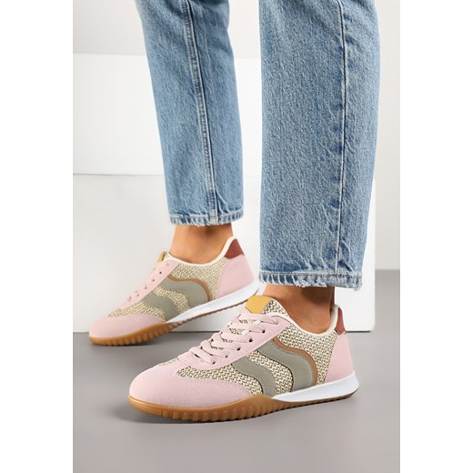 Różowo-Zielone Sneakersy Ozdobione Plecionką i Geometrycznym Wzorem Aniffia ze sklepu born2be.pl w kategorii Buty sportowe damskie - zdjęcie 178416318