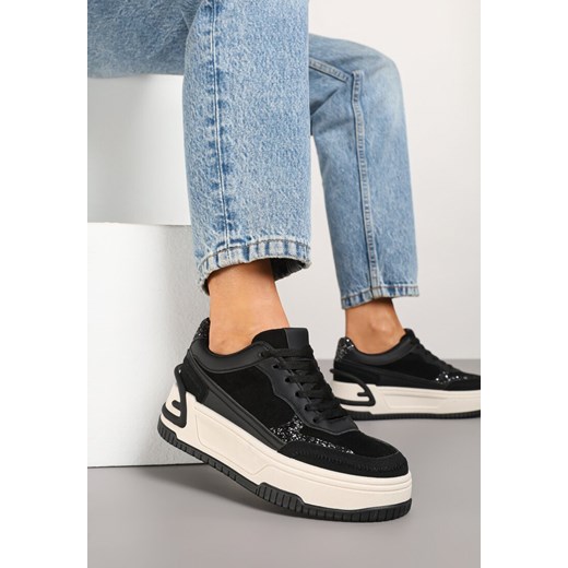 Czarno-Białe Sneakersy na Grubej Platformie z Tłoczeniem Ozdobione Wzorem w Panterkę Deolithra ze sklepu born2be.pl w kategorii Buty sportowe damskie - zdjęcie 178416648
