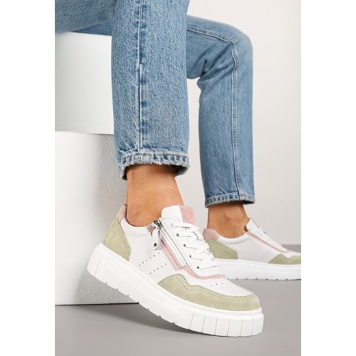 Biało-Zielone Skórzane Sneakersy w Streetwearowym Stylu Zdobione Suwakiem Elearessa ze sklepu born2be.pl w kategorii Buty sportowe damskie - zdjęcie 178417938