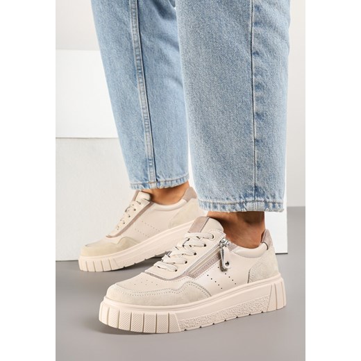 Beżowe Skórzane Sneakersy w Streetwearowym Stylu Zdobione Suwakiem Elearessa ze sklepu born2be.pl w kategorii Buty sportowe damskie - zdjęcie 178418259