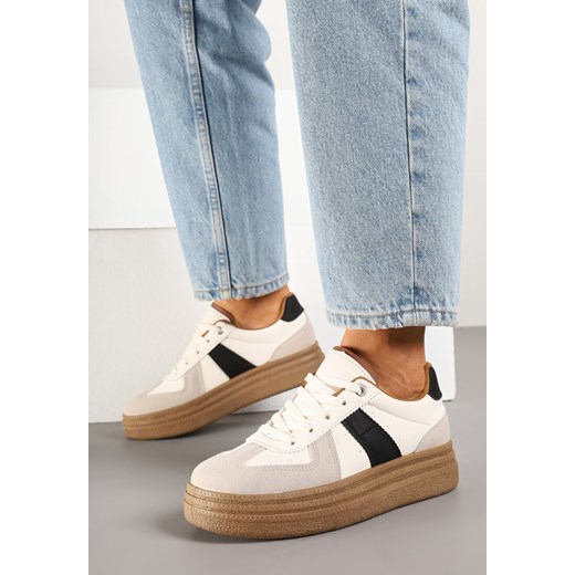 Beżowo-Czarne Sneakersy Klasyczne Tenisówki na Tłoczonej Platformie Nanislla ze sklepu born2be.pl w kategorii Buty sportowe damskie - zdjęcie 178418289