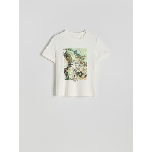 Reserved - Bawełniany t-shirt z nadrukiem - złamana biel Reserved L Reserved