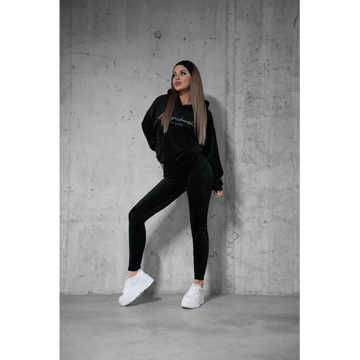 welurowy dres la mode z logo bluza z kapturem + legginsy soft welur premium mielczarkowski - czarny ze sklepu STYLOWO w kategorii Dresy damskie - zdjęcie 178449245