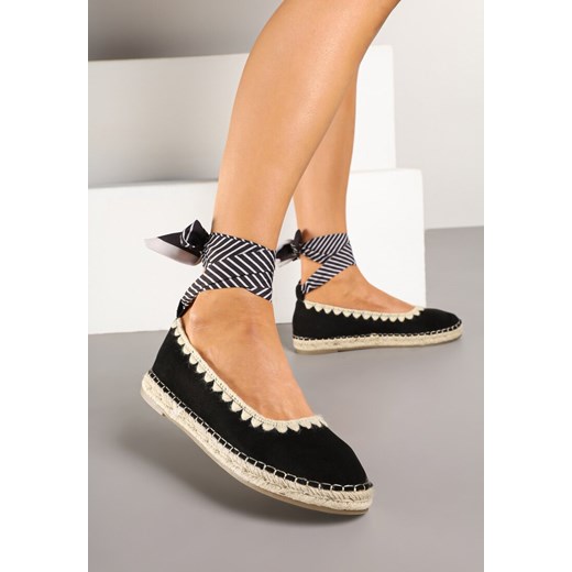 Czarne Espadryle ze Wzorzystym Wiązaniem Przy Kostce Zdobione Plecionką Lortevia ze sklepu renee.pl w kategorii Espadryle damskie - zdjęcie 178482596