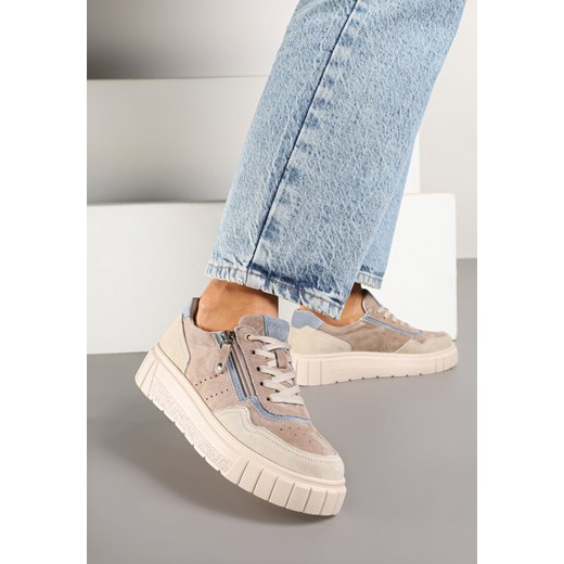 Beżowo-Niebieski Streetwearowe Sneakersy ze Skóry Naturalnej z Ozdobnym Suwakiem Eleavenna ze sklepu renee.pl w kategorii Buty sportowe damskie - zdjęcie 178482758