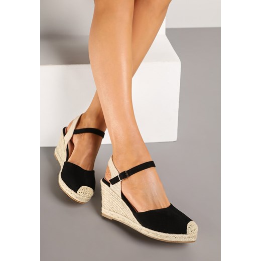 Espadryle damskie Renee eleganckie czarne letnie na koturnie z klamrą