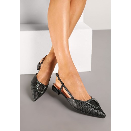 Czarne Sandały Slingback na Płaskiej Podeszwie z Klamrą i Cyrkoniami Nonithiel ze sklepu renee.pl w kategorii Czółenka - zdjęcie 178483568