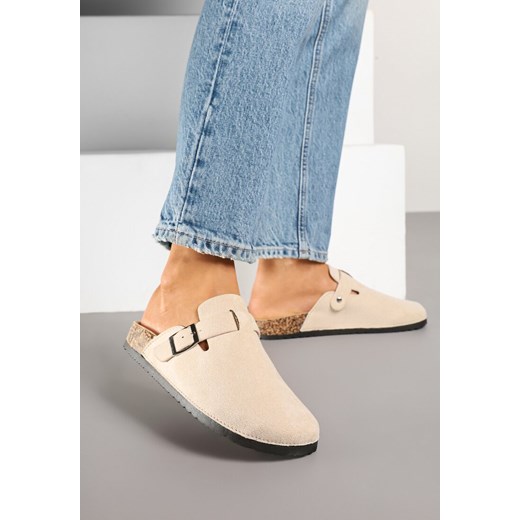 Beżowe Klapki Typu Chodaki z Ekozamszu Zdobione Sprzączką Amustana ze sklepu renee.pl w kategorii Klapki damskie - zdjęcie 178484318