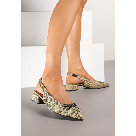 Beżowo-Czarne Czółenka na Słupku Typu Slingback Ozdobione Kokardą i Perełkami Calretis ze sklepu renee.pl w kategorii Czółenka - zdjęcie 178485506