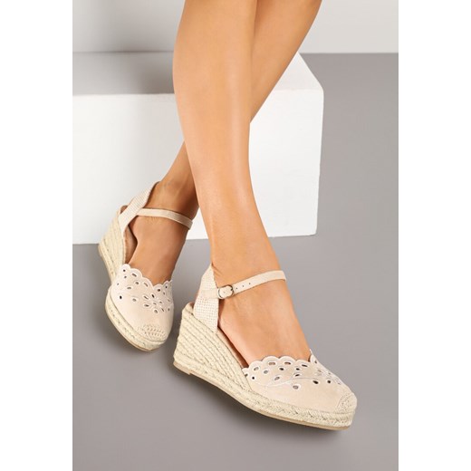 Beżowe Sandały o Fasonie Ażurowych Espadryli na Plecionym Koturnie Firabia ze sklepu renee.pl w kategorii Espadryle damskie - zdjęcie 178486868