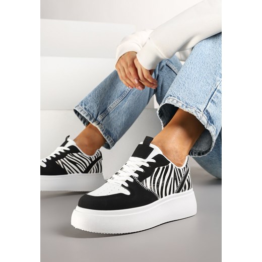 Czarno-Białe Sneakersy na Platformie z Perforacją na Nosku Ozdobione Wzorem w Zeberkę Senadaris ze sklepu renee.pl w kategorii Buty sportowe damskie - zdjęcie 178488845