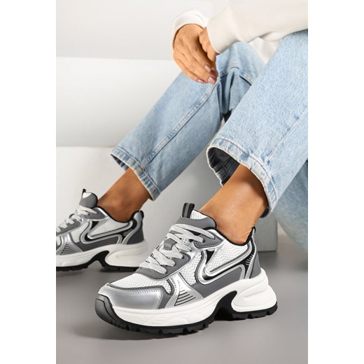 Biało-Srebrne Sneakersy na Profilowanej Podeszwie z Siateczkowymi Wstawkami Parinella ze sklepu renee.pl w kategorii Buty sportowe damskie - zdjęcie 178489757
