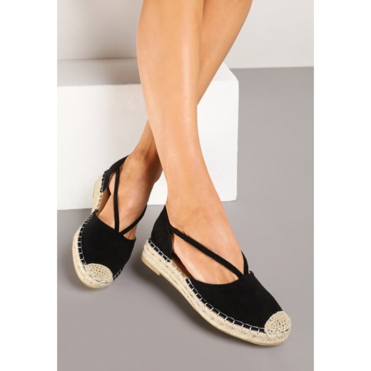 Czarne Płaskie Espadryle z Wyciętymi Bokami Ozdobione Plecionką Annorila ze sklepu renee.pl w kategorii Espadryle damskie - zdjęcie 178490369