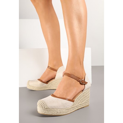 Beżowo-Brązowe Sandały Espadryle na Koturnie z Plecionki i Ozdobnym Noskiem Elanilis ze sklepu renee.pl w kategorii Espadryle damskie - zdjęcie 178490525