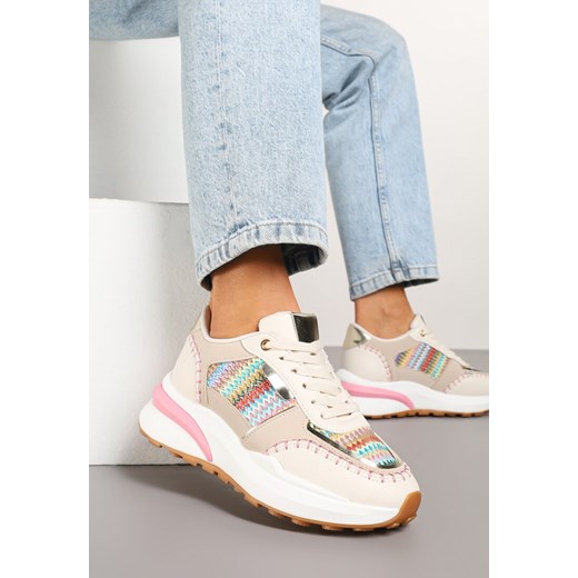 Beżowo-Różowe Sneakersy na Platformie ze Wstawkami z Plecionki Ninatia ze sklepu renee.pl w kategorii Buty sportowe damskie - zdjęcie 178490999