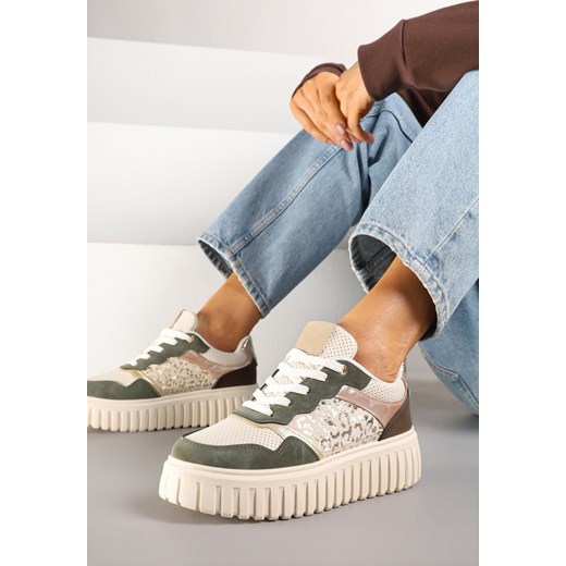 Beżowo-Zielone Sneakersy na Platformie z Tłoczeniami Zdobione Panterkowym Printem Herraza ze sklepu renee.pl w kategorii Buty sportowe damskie - zdjęcie 178491245