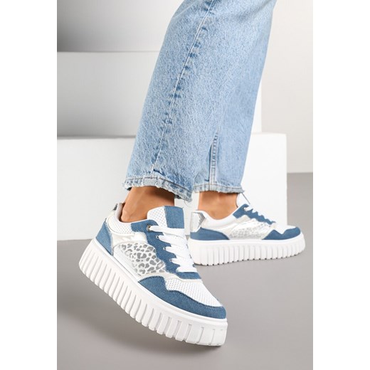 Niebiesko-Białe Sneakersy na Platformie z Tłoczeniami Zdobione Panterkowym Printem Herraza ze sklepu renee.pl w kategorii Buty sportowe damskie - zdjęcie 178491257