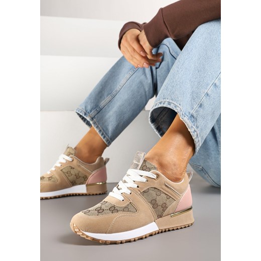 Beżowo-Różowe Sneakersy Ozdobione Wzorzystymi Wstawkami Halisna ze sklepu renee.pl w kategorii Buty sportowe damskie - zdjęcie 178491545