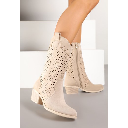 Ciemnobeżowe Botki Kowbojki na Słupku z Ażurową Cholewką Ravsemi ze sklepu renee.pl w kategorii Botki - zdjęcie 178492757