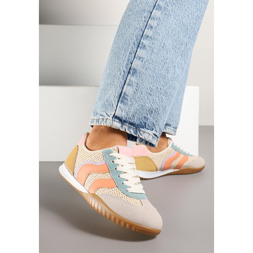 Beżowo-Pomarańczowe Sneakersy z Geometrycznym Motywem i Plecionką Laniffia ze sklepu renee.pl w kategorii Buty sportowe damskie - zdjęcie 178493009