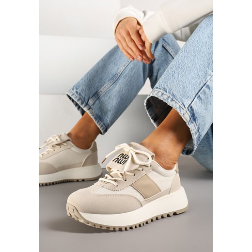 Beżowe Sneakersy na Platformie z Geometrycznym Wzorem Aluina ze sklepu renee.pl w kategorii Buty sportowe damskie - zdjęcie 178497538