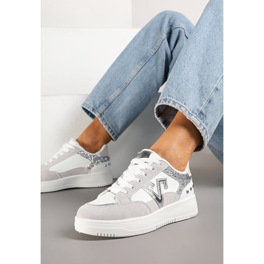 Biało-Szare Sneakersy Ozdobione Metalicznymi Aplikacjami i Brokatem Pilliossa ze sklepu renee.pl w kategorii Buty sportowe damskie - zdjęcie 178497937