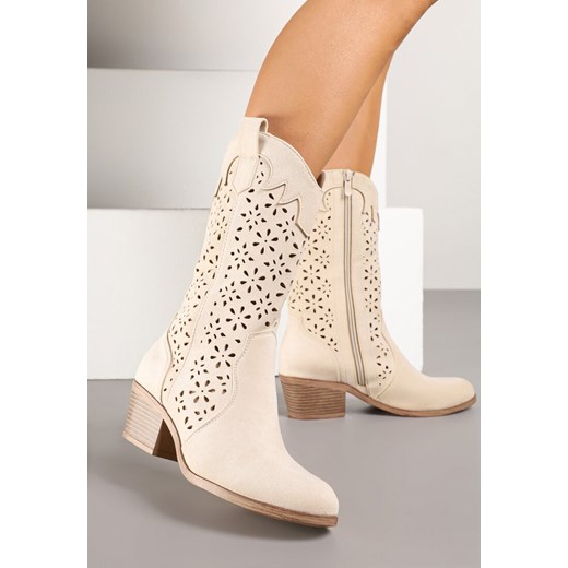 Beżowe Botki Kowbojki na Słupku z Ażurową Cholewką Ravsemi ze sklepu renee.pl w kategorii Botki - zdjęcie 178498758
