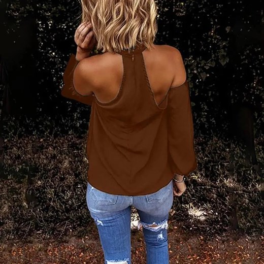 Bluzka damska cold shoulder - Brązowy S ze sklepu Intimica.pl w kategorii Bluzki damskie - zdjęcie 178505455