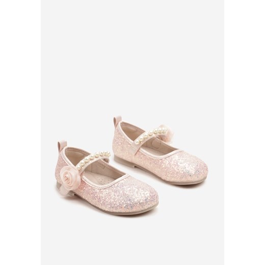 Różowe Balerinki ze Skórzaną Wkładką Cekinami Perłami i Kwiatem 3D Fonaria 27 okazyjna cena born2be.pl