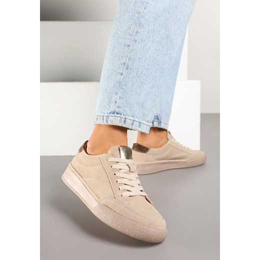 Beżowe Sneakersy z Przeszyciami i Perforacją z Zamszu Tulnelia ze sklepu born2be.pl w kategorii Buty sportowe damskie - zdjęcie 178529409