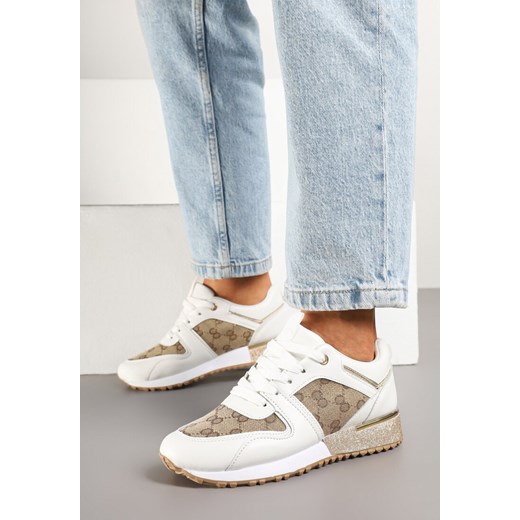 Biało-Brązowe Sneakersy Ozdobione Metaliczną Aplikacją i Przeszyciami Soltia ze sklepu renee.pl w kategorii Buty sportowe damskie - zdjęcie 178539917