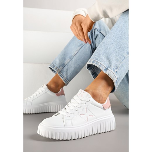 Biało-Różowe Sneakersy na Platformie z Tłoczeniem i Brokatową Wstawką Nuselin ze sklepu renee.pl w kategorii Buty sportowe damskie - zdjęcie 178544837