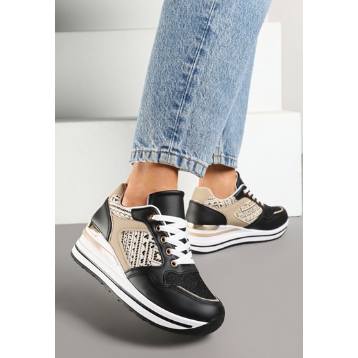 Czarne Sneakersy na Koturnie z Geometrycznym Wzorem i Brokatem Tillineira ze sklepu renee.pl w kategorii Buty sportowe damskie - zdjęcie 178544849