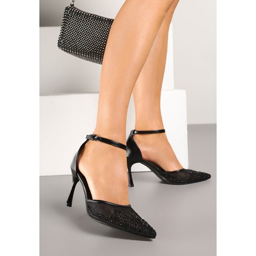 Czarne Sandały Szpilki ze Szpiczastym Noskiem z Siateczki z Cyrkoniami Alverina 41 okazja born2be.pl