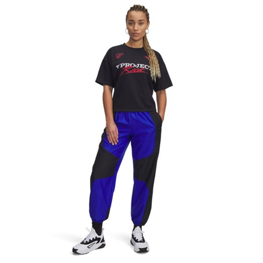 Damskie spodnie treningowe Under Armour Project Rock Woven Bottom - niebieskie ze sklepu Sportstylestory.com w kategorii Spodnie damskie - zdjęcie 178555848