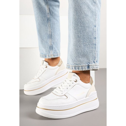 Biało-Złote Sneakersy na Grubej Podeszwie z Napisem i Brokatem Odivena ze sklepu born2be.pl w kategorii Buty sportowe damskie - zdjęcie 178560098