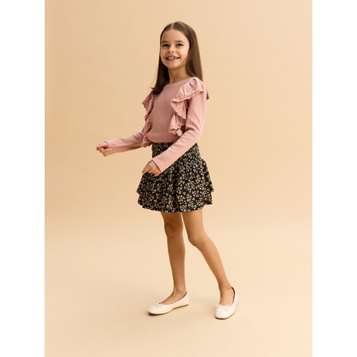 Reserved - Prążkowana koszulka z falbaną - pastelowy róż Reserved 140 (9 lat) Reserved