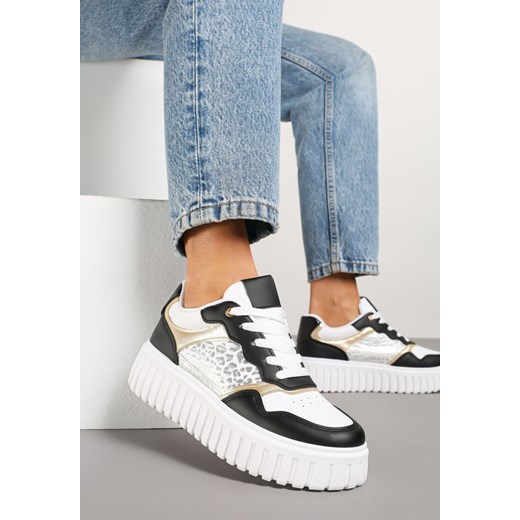 Biało-Czarne Sneakersy na Platformie z Tłoczeniem Ozdobione Panterką i Perforacją Udivaya ze sklepu renee.pl w kategorii Buty sportowe damskie - zdjęcie 178562488