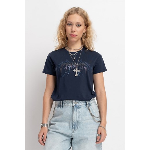 Granatowy t-shirt z autorską grafiką z przodu, kolor - granatowy, rozmiar - 140 ze sklepu REPORTER w kategorii Bluzki dziewczęce - zdjęcie 178566337