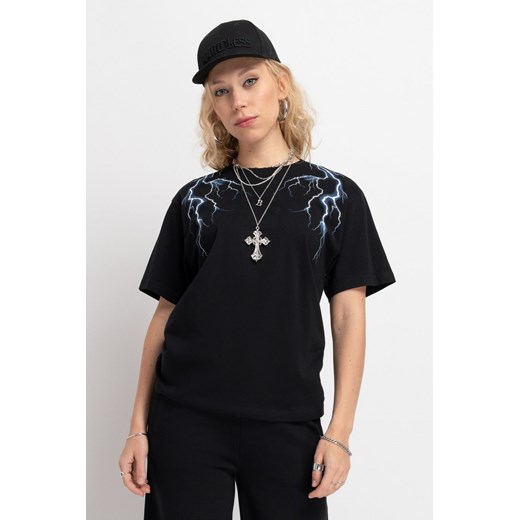Czarny t-shirt z autorską grafiką na ramionach, kolor - czarny, rozmiar - 170 ze sklepu REPORTER w kategorii Bluzki dziewczęce - zdjęcie 178566419